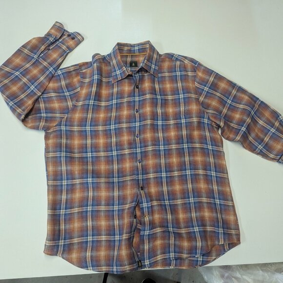 Robert Talbott Size Large Orange/Blue Plaid Button Down in 100% Linen - Picture 12 of 16